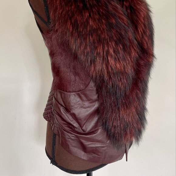 NWOT Burgundy Brown Leather Vest Real Fox Fur S size - Picture 11 of 16